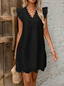SHEIN Frenchy Women's Textured Eyelet Embroidery A-Line Lace Patchwork Ruffle Sleeve Dress,Casual Dresses For Women - Black - View 1