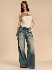 SHEIN BAE Áo liền thân ren tay dài, vai lệch, màu đen, thích hợp cho mùa xuân/hè. - Màu be - Xem 5