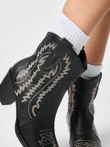 ROMWE Fairycore 2026 New Women's Small Square Toe Solid Color Thick Heel Fashion Sleeve Ankle Boots Western Boots And Ankle Boots - Black - View 2