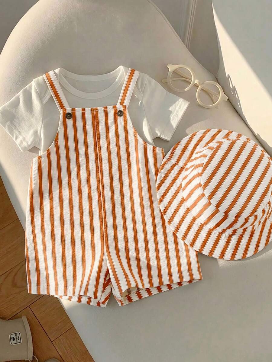 SHEIN 2件套婴儿男女童夏季条纹背带裤和渔夫帽套装,居家、外出、海滩休闲装 - 彩色 - 查看 1