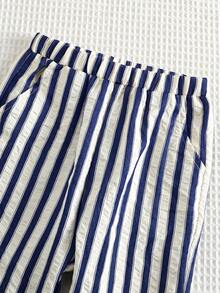 SHEIN 男婴黑白条纹泡泡袖休闲裤，适合夏季、度假、日常穿着、节假日穿着 - 藍色 - 查看 3