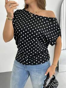 Shapeblank Plus Size Women's Casual Retro Polka Dot Pattern Fabric T-Shirt, Suitable For Summer, Black - Black - View 3
