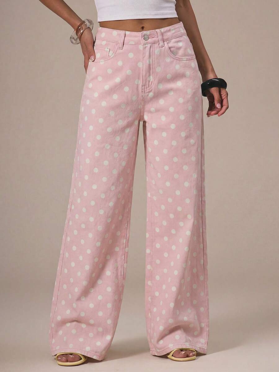 MUSERA Cute Polka Dot Spring Summer Dainty Denim Straight Leg Mid Rise Jeans Ibiza Holiday Casual Back To School Office Work Party Chic - Pink - View 1