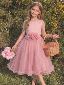 Vestido de festa sem mangas para menina pré-adolescente, cor sólida, com decoração floral 3D. - Rosa Empoeirado - Ver 1