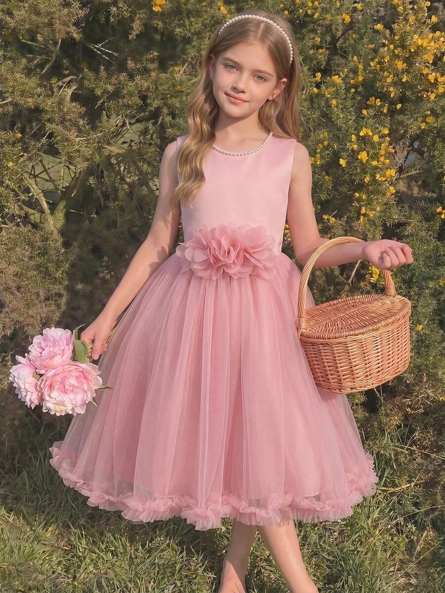 Vestido de festa sem mangas para menina pré-adolescente, cor sólida, com decoração floral 3D. - Rosa Empoeirado - Ver 1