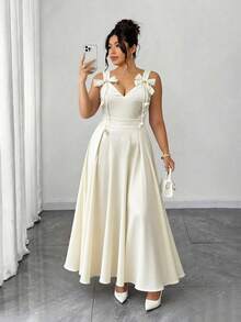 Elenzga Plus Size Women's Sweet & Elegant Bowknot Waist Camisole Dress, Summer - Apricot - View 1