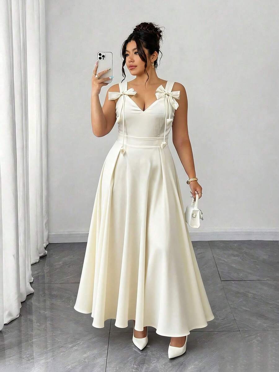 Elenzga Plus Size Women's Sweet & Elegant Bowknot Waist Camisole Dress, Summer - Apricot - View 1