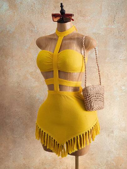 Mistrie Women's Solid Color Halter Tie Tassel Design Casual Party Dress