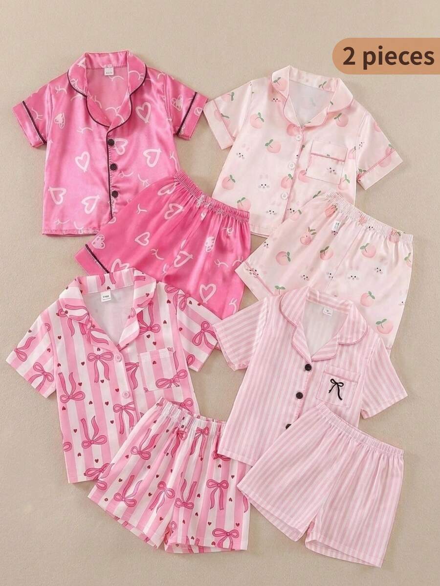 SHEIN 2件套女童休闲蝴蝶结刺绣口袋开襟领仿丝短袖上衣和短裤家居服套装 - 粉色 - 查看 1