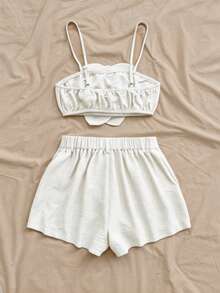Soleia Conjunto de 2 piezas de top con flores 3D marrones y shorts casuales para mujer - Blanco - Ver 2