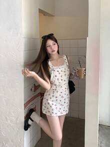 DAZY 春夏印花白色休闲户外音乐节情人节牛仔吊带连衣裙女式太阳裙女式度假装 - 白色 - 查看 4