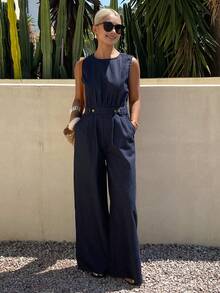 Livesso Pantalones rectos con cinturón decorativo, de estilo vintage lavado azul, para festival de música, vacaciones y uso casual. Monos de calle para mujer, para primavera y verano. - Azul lavado oscuro - Ver 8