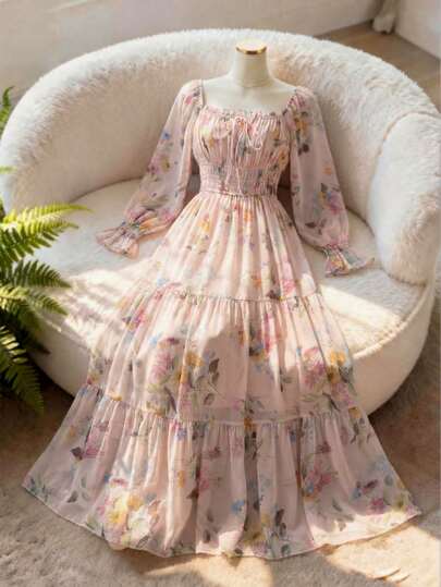 GlowEve CURVE Vestido de fiesta elegante con cintura ceñida y estampado floral para mujer de talla grande