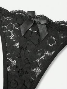 Bella Beso Tanga de lencería sexy con detalles de lazo y encaje floral - Negro - Ver 4
