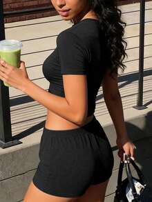 INAWLY 2pcs/Set Summer Casual Solid Color Cropped T-Shirt And Shorts - Black - View 4