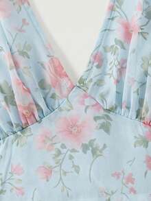 SHEIN MOD 女士优雅印花荷叶边露背连衣裙，夏季 - 淺藍色 - 查看 5