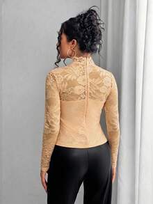 Rafferiza Women's Elegant Solid Color Lace Collar Sheer Sexy T-Shirt - Apricot - View 2