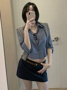 DAZY 女士时尚休闲格子印花纽扣短款衬衫 - 藍色 - 查看 2