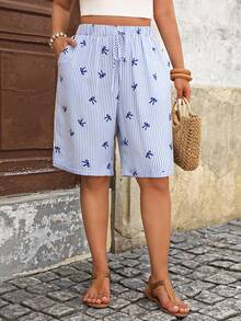 Breezaya Quần short nữ cỡ lớn kiểu dáng thường ngày kẻ sọc, trang trí nơ, có dây rút và túi ở eo. - Màu xanh lam - Xem 1