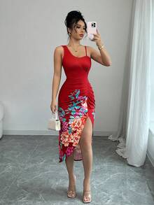 Elenzga Đầm xếp ly in họa tiết lãng mạn thanh lịch dành cho nữ - Đỏ - Xem 5