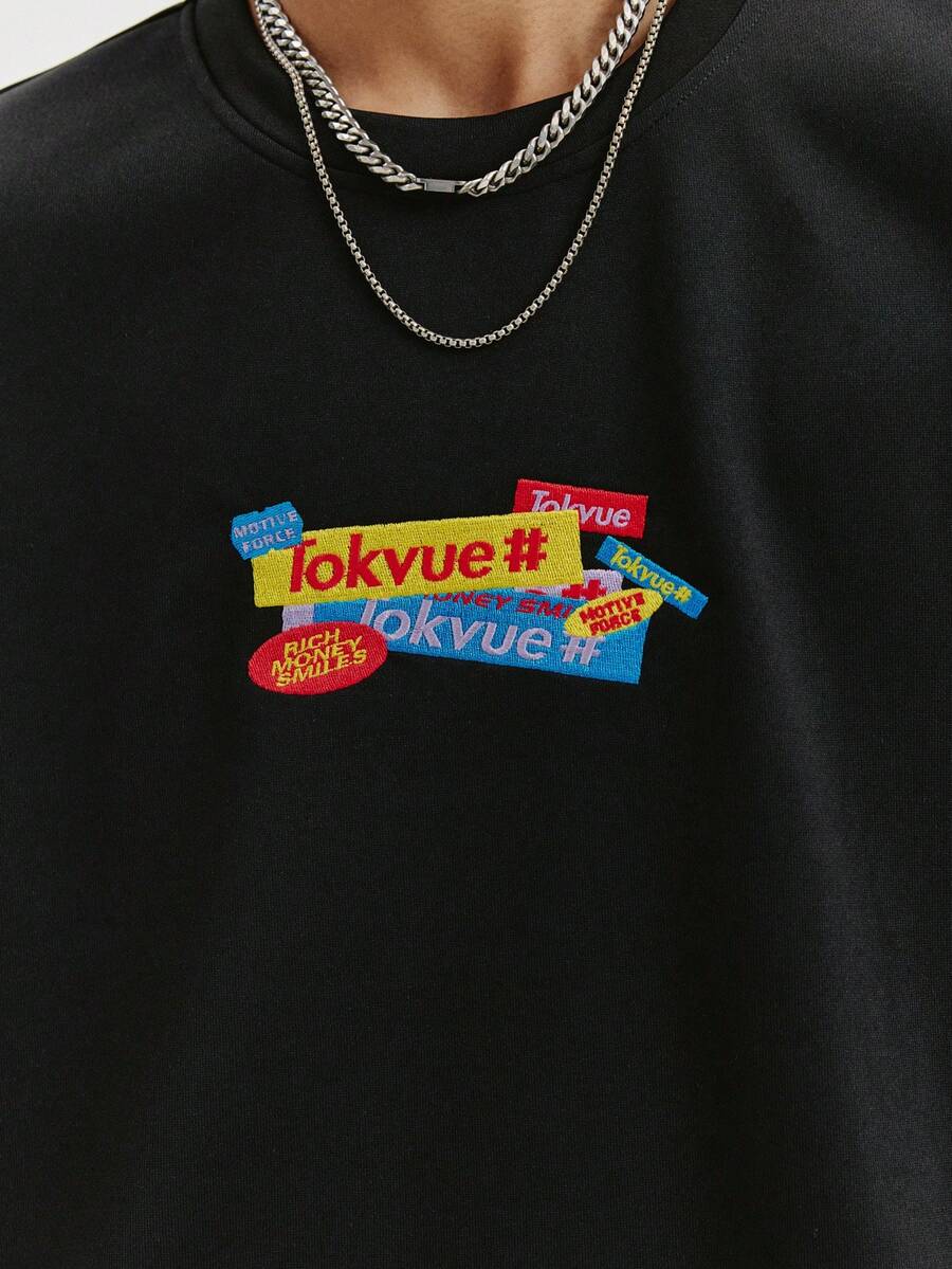 TOKVUE 男士时尚刺绣T恤 - 黑色 - 查看 1