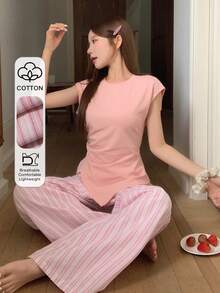 DAZY Bộ đồ ngủ nữ màu trơn gồm áo không tay vạt lệch và quần ống rộng kẻ sọc, thích hợp cho mùa hè. - Hồng - Xem 1