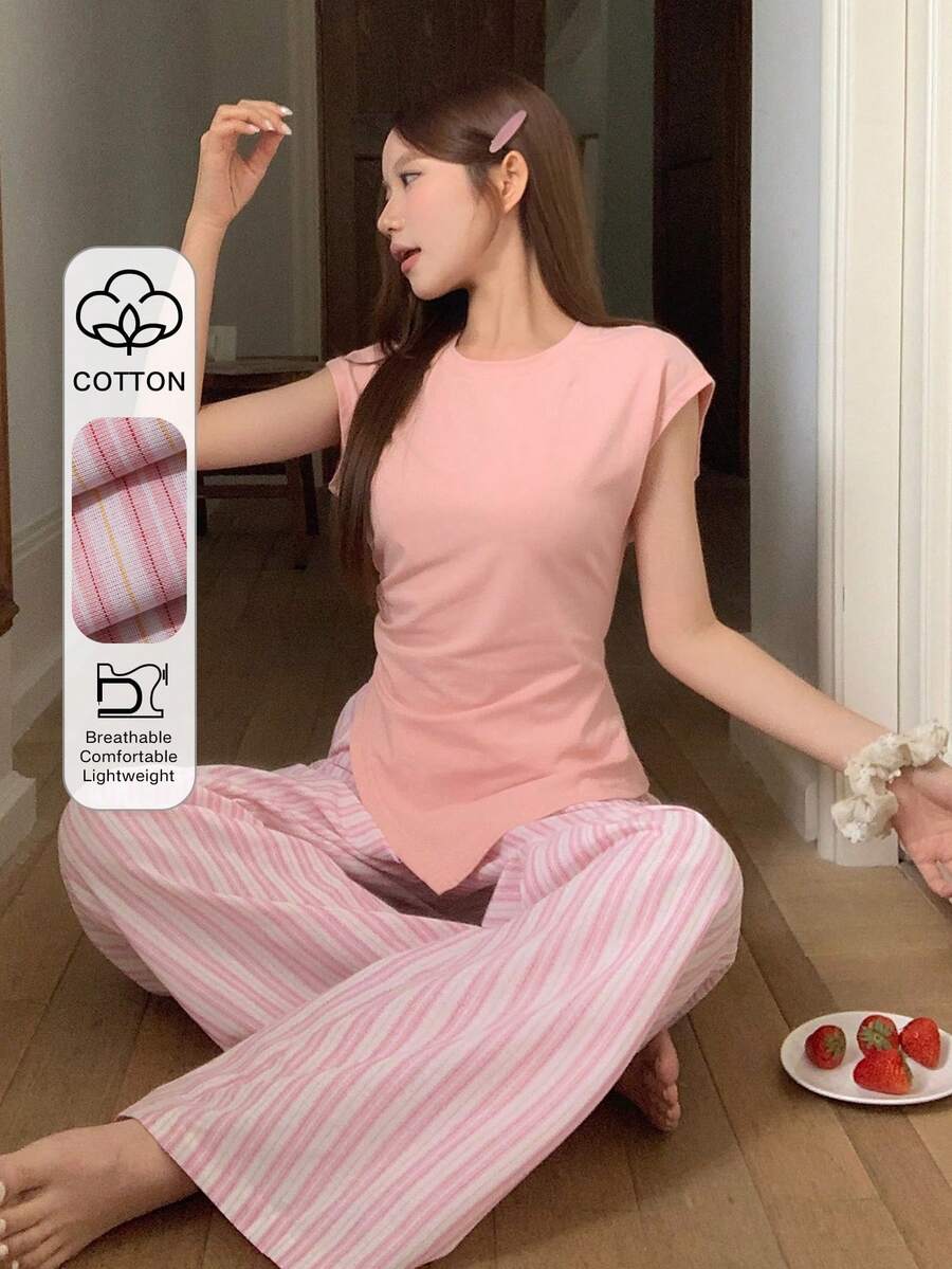 DAZY Bộ đồ ngủ nữ màu trơn gồm áo không tay vạt lệch và quần ống rộng kẻ sọc, thích hợp cho mùa hè. - Hồng - Xem 1