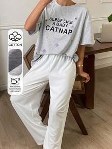 Livesso Set de 2 piezas de pijama de verano con camiseta de manga corta holgada con estampado gráfico y pantalón recto largo para mujer - Gris - Ver 3