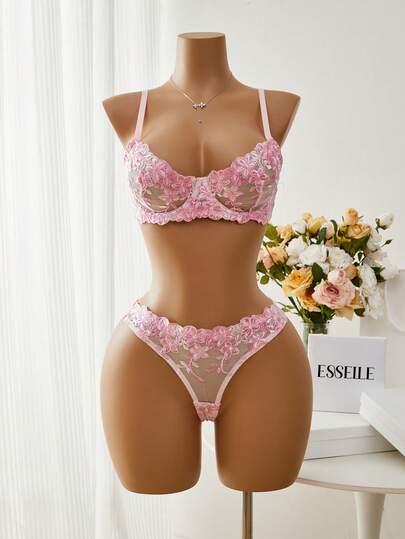 Esselle 2 ชิ้น ชุดชั้นในสำหรับสตรี สีชมพูโรแมนติก มีโครง, ชุดชั้นใน ที่เซ็กซี่