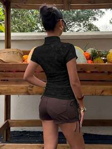 Muchica Áo thun nữ cổ ren đen thanh lịch, thích hợp cho mùa hè. - màu đen - Xem 2