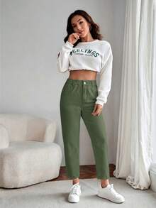 EMERY ROSE Celana Jeans Wanita Model Paperbag Pinggang Lurus Warna Hijau Zaitun untuk Musim Gugur, Kasual Sehari-hari - Hijau - View 4