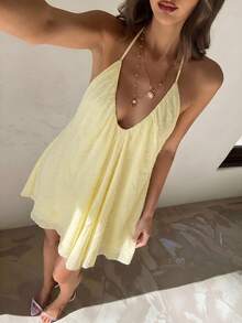 Aloruh Women's Deep V-Neck Spaghetti Strap A-Line Flowy Ruffle Hem Dress, Green,Dresses For Women Summer - Yellow - View 4