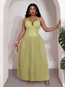 Slaydiva Nuevo estilo de verano, perfecto para fiestas de cumpleaños, vuelta al colegio, estilo preppy, ropa de estudiante, salidas diarias, básicos versátiles, estilo casual, vacaciones, viajes en crucero, playas, , tomar el sol, artículos, estilo callejero, estilo elegante y romántico, citas, compras, vacaciones románticas, sexy. Ajuste ceñido, verde sólido, cuello halter sin mangas con tirantes anudados, estilo de copa de busto, bajo plisado, vestido largo talla grande - B - Verde - Ver 6