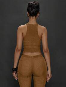 MUSERA Women's Solid Color Pleated Collar Backless Sexy Sleeveless Top - Brown - View 2