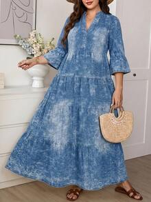 Comfylo Vestido elegante con cuello en pico y volantes en el bajo para mujer de talla grande en azul - Azul - Ver 7