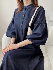 FRIFUL Vestido vaquero de mujer de manga farol suelta de hombros caídos, de un solo pecho, para uso casual, trayecto diario, primavera/verano/otoño - Azul lavado oscuro - Ver 6