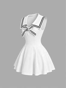 Sweetra New Spring/Summer Women's Nautical Collar Retro Sexy Slim Fit Elegant College Style Vacation Versatile Comfortable Casual Blue Dress - White - View 3