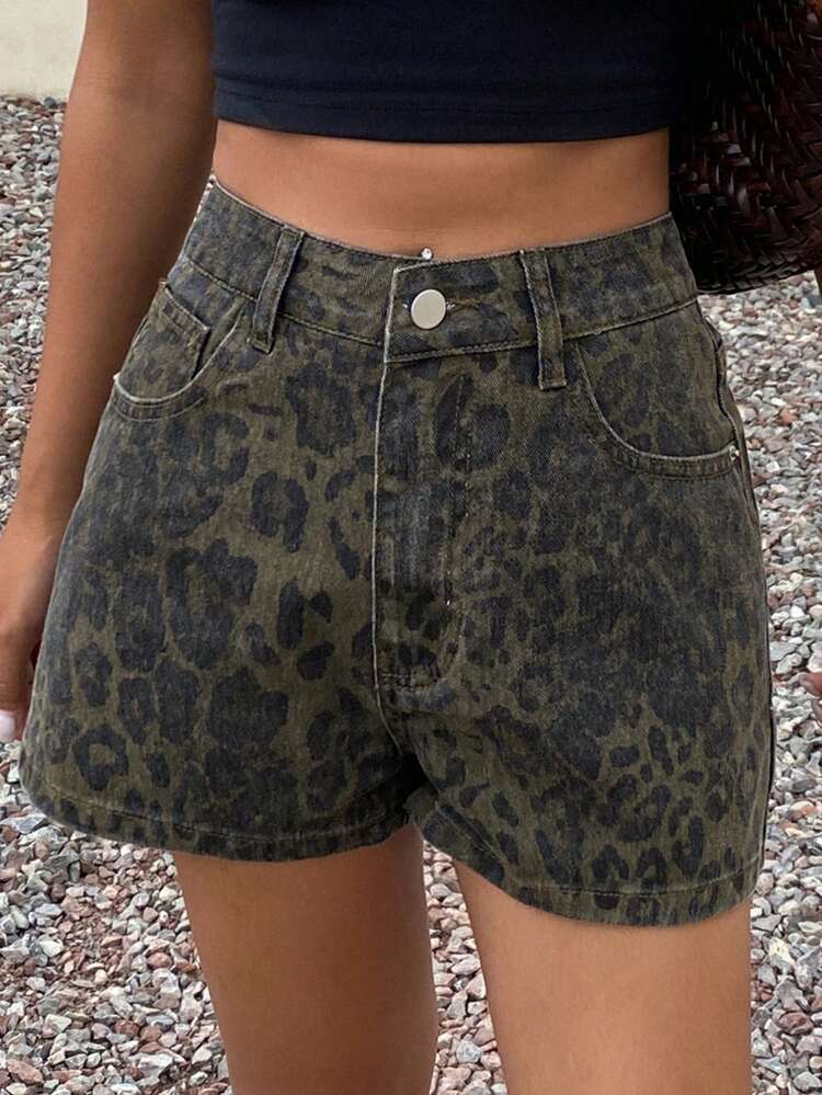 Women's Leopard Print Casual Denim Shorts