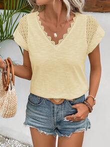 SHEIN Frenchy Solid Color V-Neck Lace Patchwork Casual Short Sleeve T-Shirt,Summer Top - Light Yellow - View 6