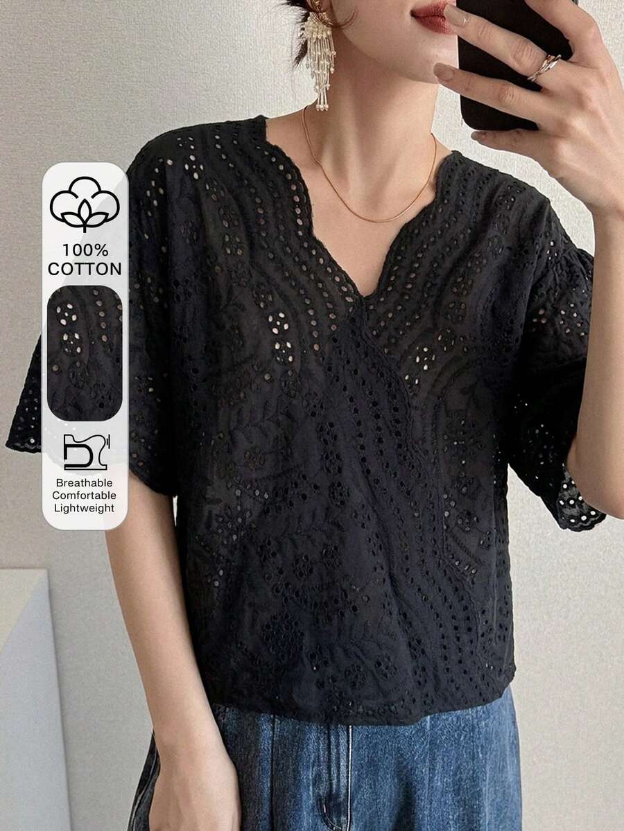 FRIFUL Áo kiểu ren xuyên thấu đa năng dành cho nữ, thích hợp cho kỳ nghỉ hè. - màu đen - Xem 1