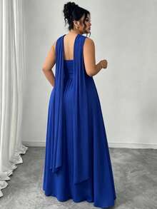 INAWLY Plus Size Women Solid Color Ruched Bandeau Dress - Blue - View 2