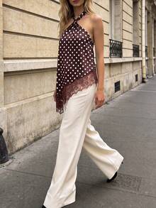 SHEIN PariChic Elegantes Damen Spitzen-Patchwork Top mit Punkt Muster und rückenfrei Träger, Sommer - Mokka-Braun - Übersicht 3