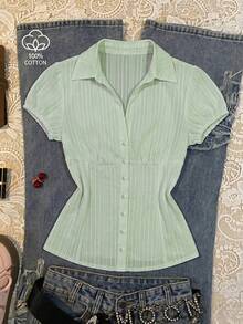 Mori Grove Mori Grove Women's V-Neck Vintage Mushroom Button Textured Jacquard Casual Vacation Cinched Waist Blouse - Green - View 5