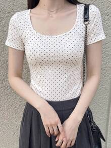 Dazy Tall 高个女式休闲波点蕾丝拼接长袖T恤 - 黑與白 - 查看 4