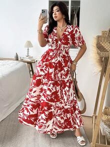Vionelle Plus Size V-Neck Short Sleeve Floral Print Dress - Red - View 7