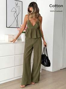 Easowa Bộ đồ nữ 2 mảnh phong cách vintage, 100% cotton, dáng rộng, thanh lịch, thích hợp đi làm: Áo hai dây viền bèo và quần ống rộng, thích hợp cho mùa xuân/hè. - xanh quân đội - Xem 4