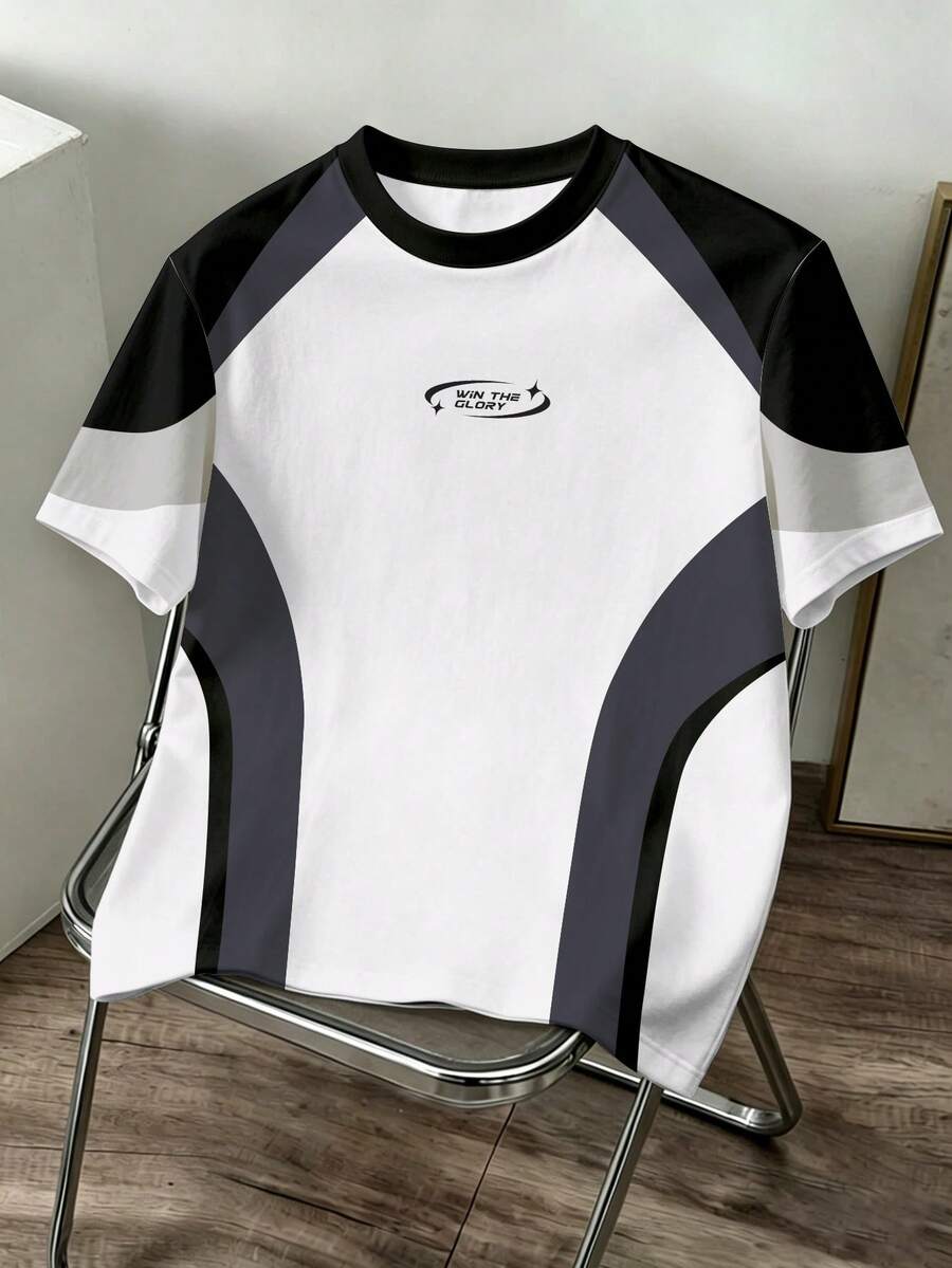 Manfinity Joysei Camiseta casual de cuello redondo para hombre con estampado de letras y bloques de color - Blanco - Ver 1