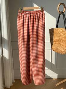 Comfortcana Women's Plaid, Summer, Casual, Picnic Drawstring Waist Pants, Gingham Checkered Trousers, Country Style Spring, Daily Wear Carnival Costume - Orange - View 2