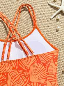 SHEIN Teen Girl Shell Print Crisscross Adjustable Spaghetti Strap One-Piece Swimsuit One Piece Bathing Suit Suits For Teens Summer Beach - Yellow - View 4