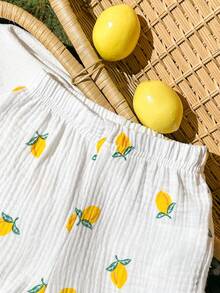 SHEIN Vintaside Kids 2 Stücke/Set Kleinkind Mädchen Gestrickte Zitronen Ärmellose Spitzenkragen Bluse und Gerade Bein Hose, bequemer Kinder Casual Outfit für Sommerliche Outdoor Aktivitäten - Weiss - Übersicht 8